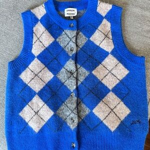 Damson Madder Blue Argyle Knit Cardigan Vest